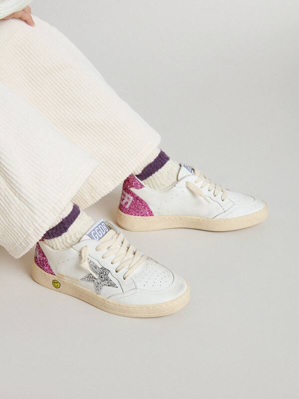 Golden Goose - Junior Ball Star with silver glitter star and pink glitter heel tab in 