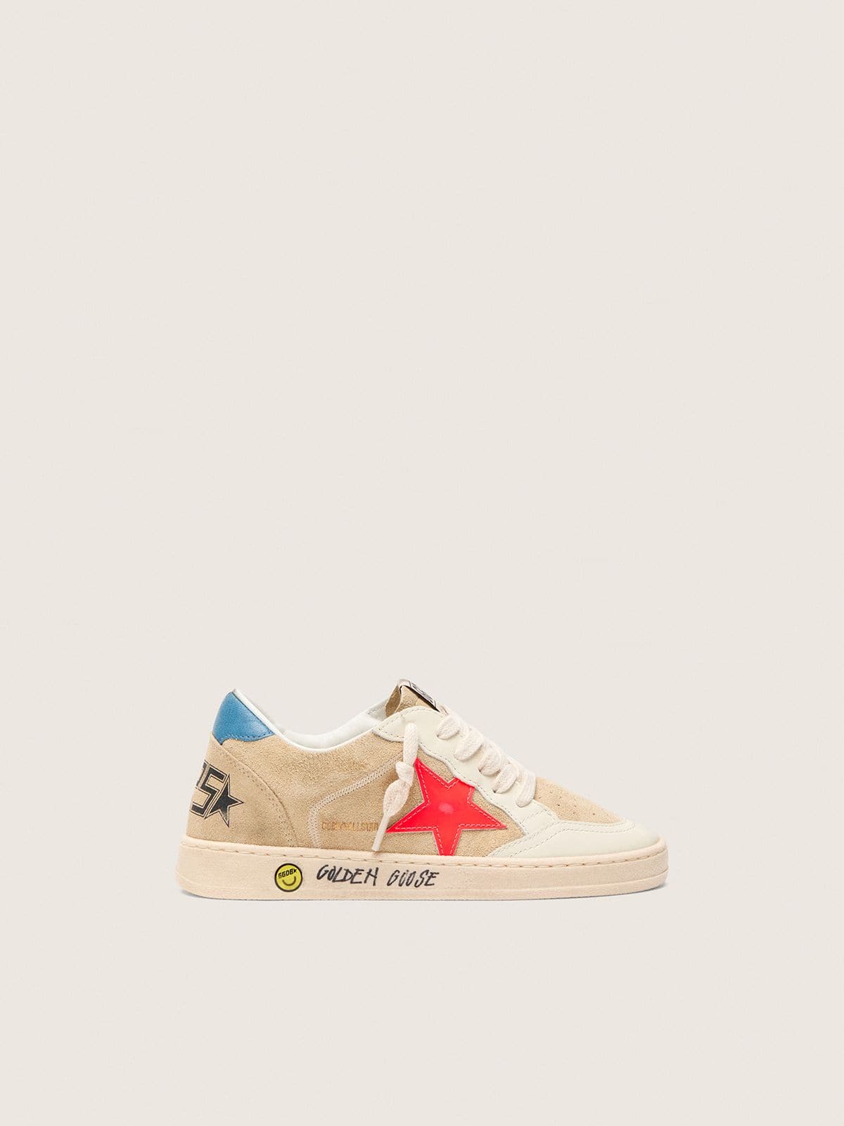 Golden Goose - Ball Star Junior in beige suede with red star and light blue heel tab in 