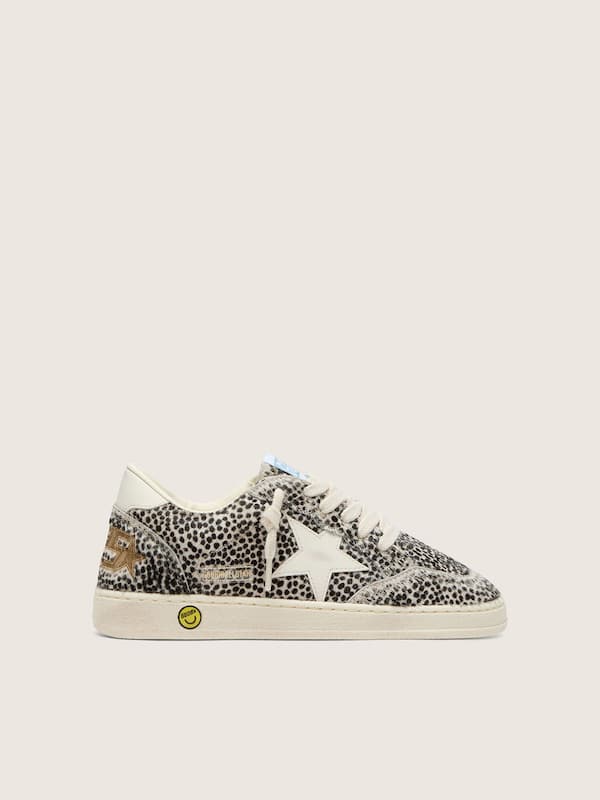 Golden Goose - Junior Ball Star in black and white leopard pony skin with cream leather star in 