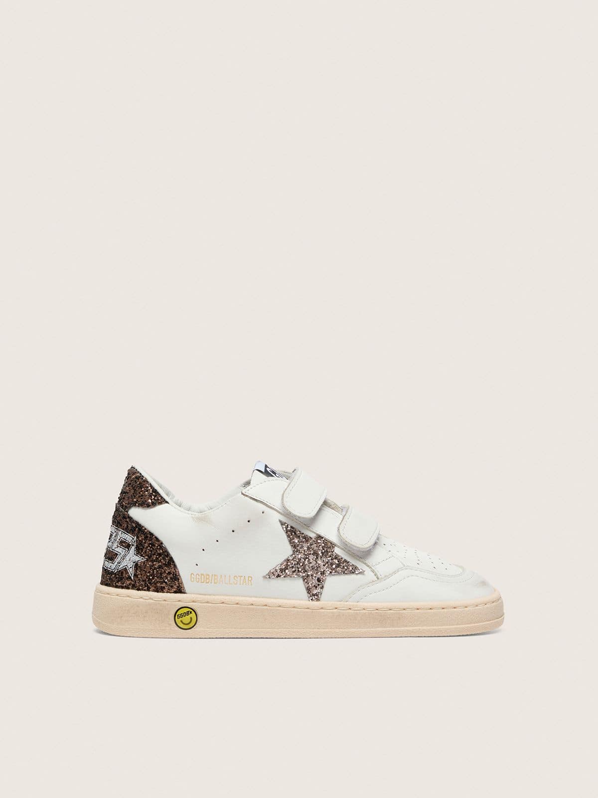 Golden Goose - Junior Ball Star in white leather with dove-gray glitter star and brown glitter inserts in 
