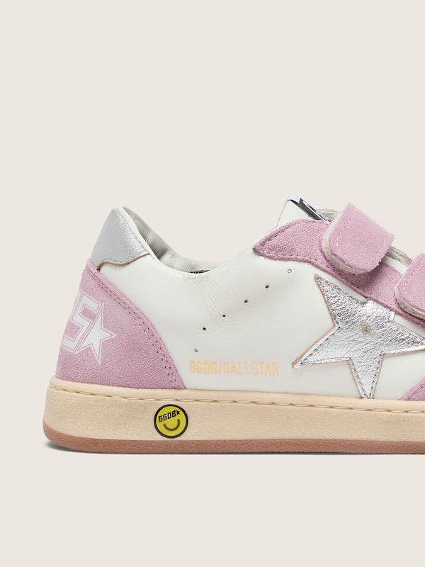 Golden Goose - Junior Ball Star in white leather with metallic silver leather star and lilac suede inserts in 