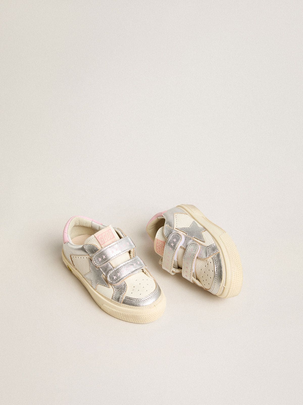 Golden Goose - May Junior in white nappa leather and silver metallic leather with pink heel tab in 