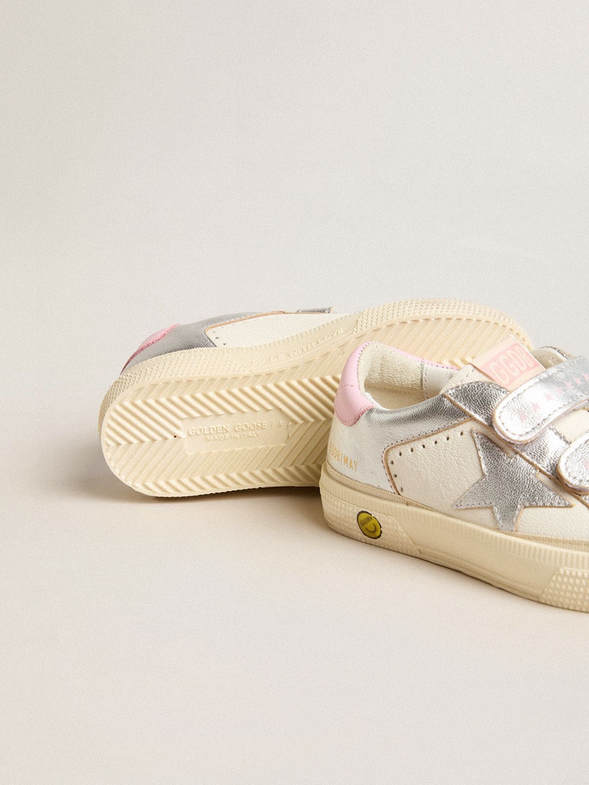 Golden Goose - May Junior in white nappa leather and silver metallic leather with pink heel tab in 