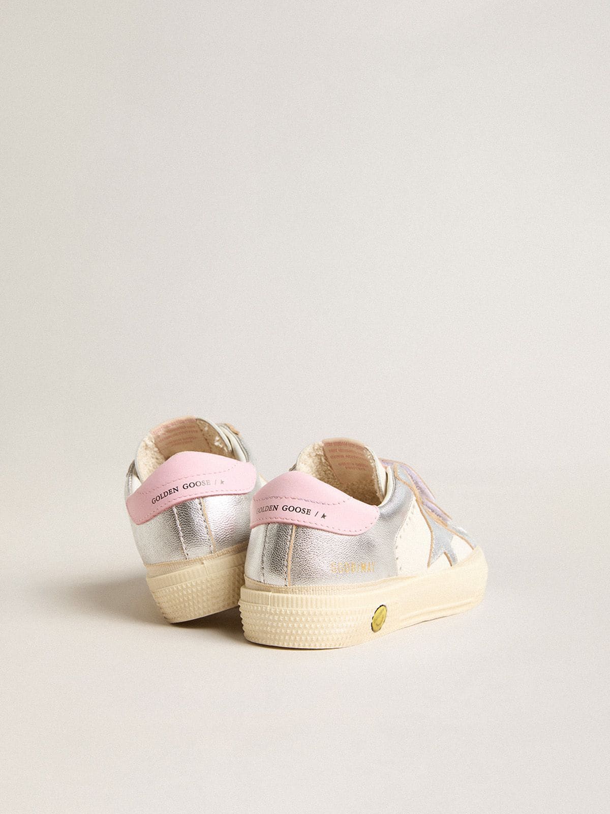 Golden Goose - May Junior in white nappa leather and silver metallic leather with pink heel tab in 