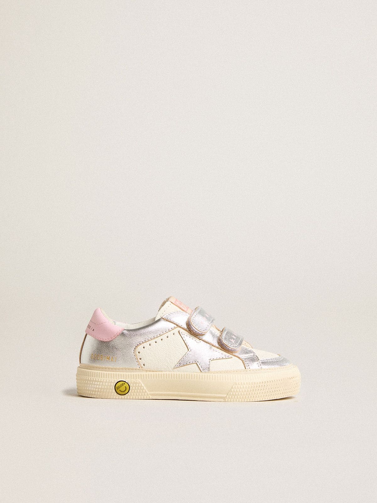 Golden Goose - May Junior in white nappa leather and silver metallic leather with pink heel tab in 