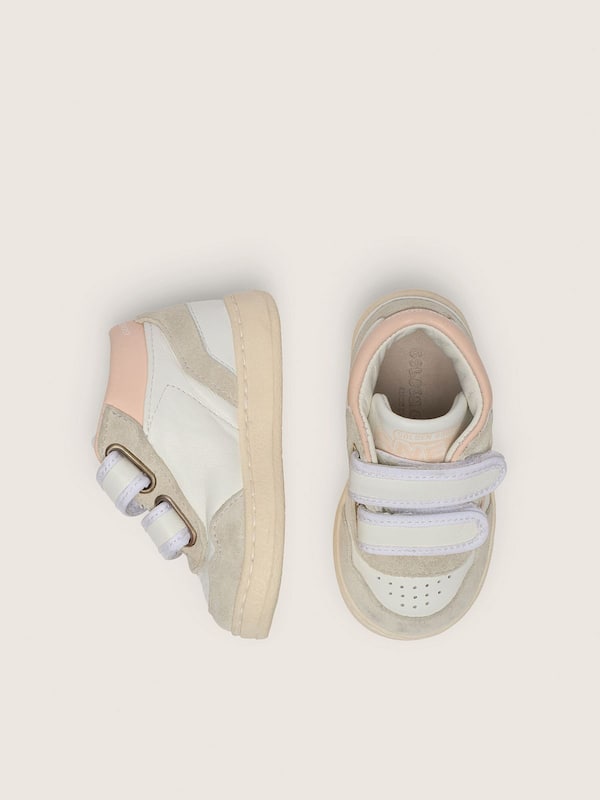 Junior June in white leather with pastel pink leather star and gray suede inserts