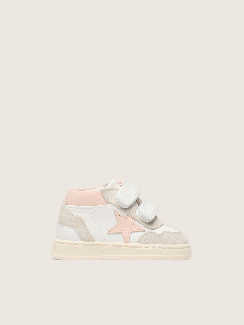 June junior en cuir blanc avec &eacute;toile en cuir rose pastel et empi&egrave;cements en cuir velours gris