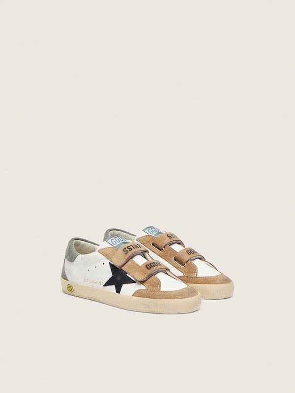 Golden Goose - Junior Old School with black leather star and beige and green suede inserts in 