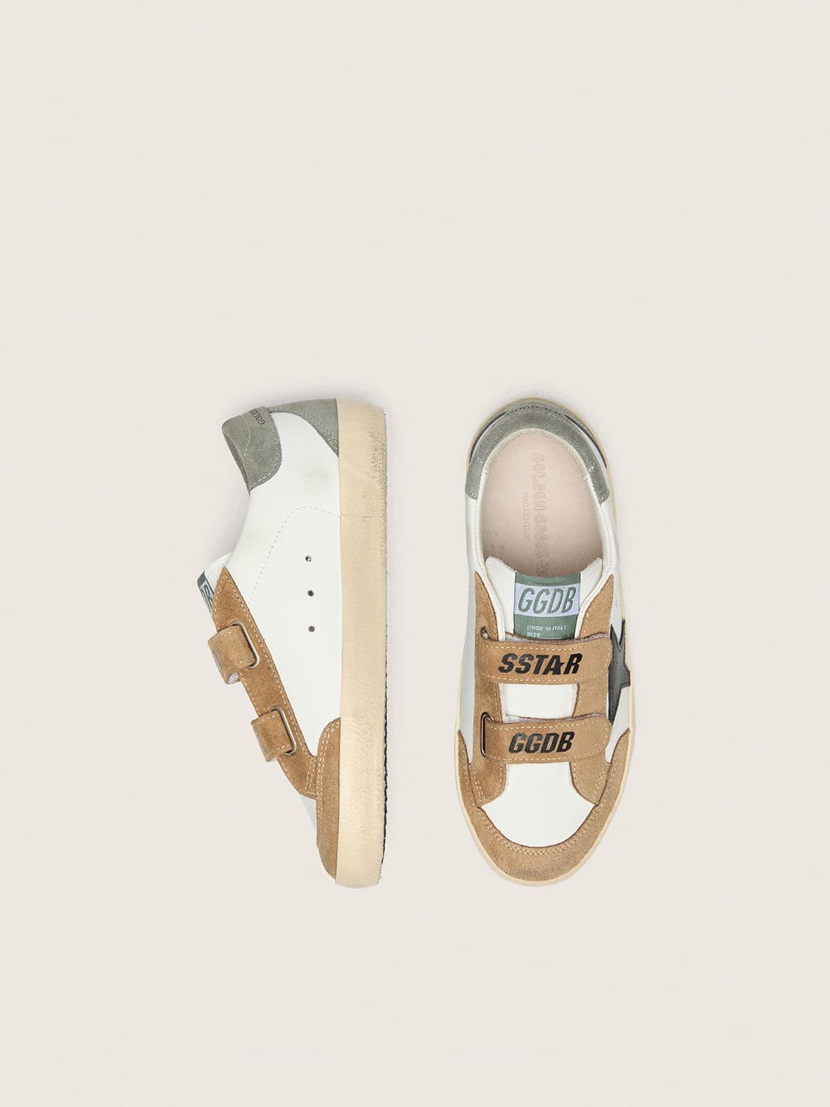 Golden Goose - Junior Old School with black leather star and beige and green suede inserts in 