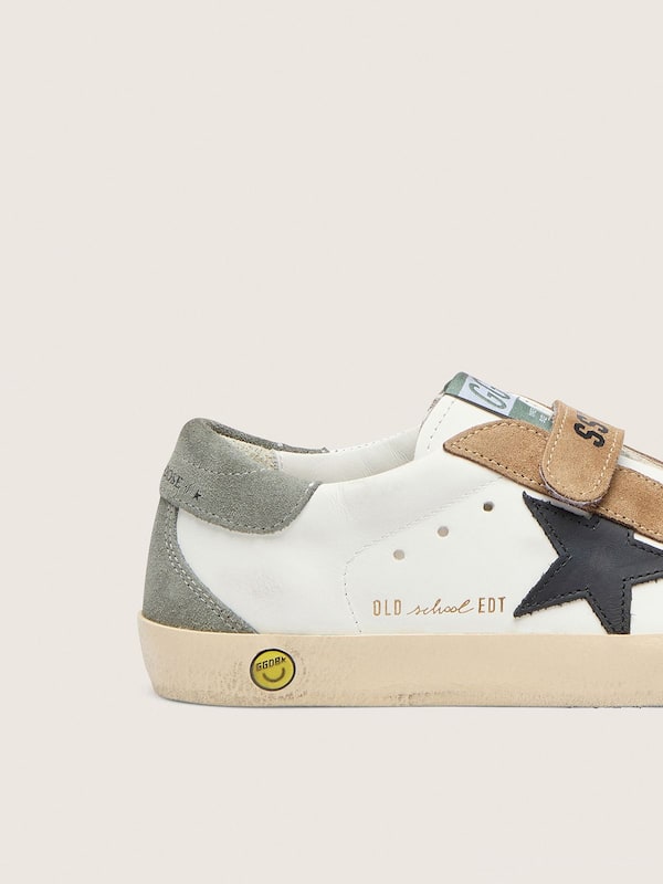 Golden Goose - Junior Old School with black leather star and beige and green suede inserts in 