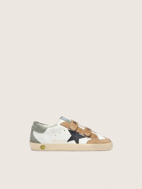 Golden Goose - Junior Old School with black leather star and beige and green suede inserts in 