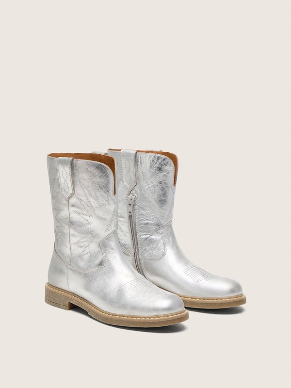Bottes Wish Junior en cuir lam&eacute; argent&eacute; avec &eacute;toiles brod&eacute;es