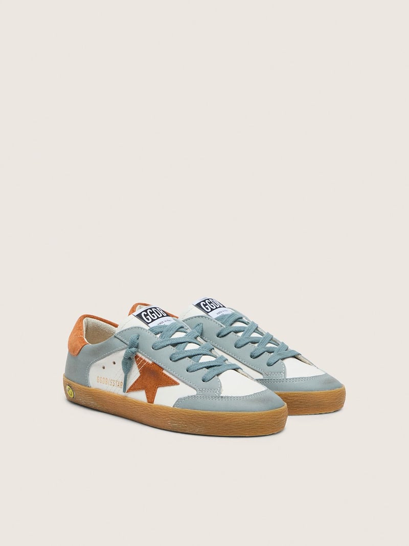 Golden Goose - Junior Super-Star in white and ice-blue leather with orange suede star in 