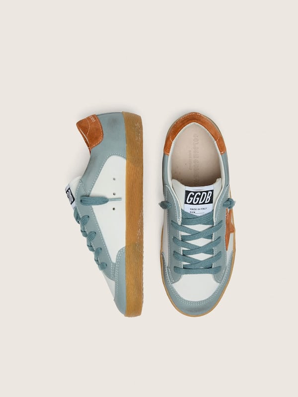 Golden Goose - Junior Super-Star in white and ice-blue leather with orange suede star in 