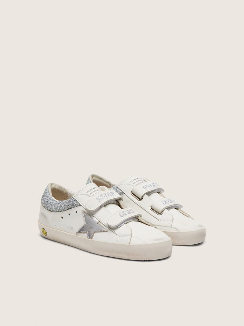 Golden Goose - Old School junior de piel blanca con estrella de piel laminada plateada y aplicaciones con cristales plateados in 