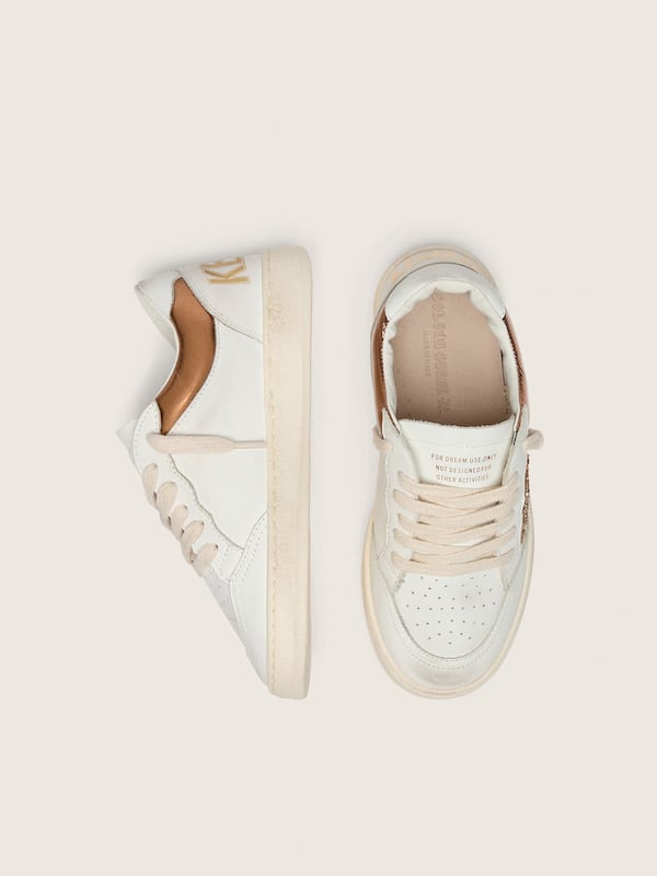 Junior Ball Star in white leather with gold glitter star and orange laminated leather inserts