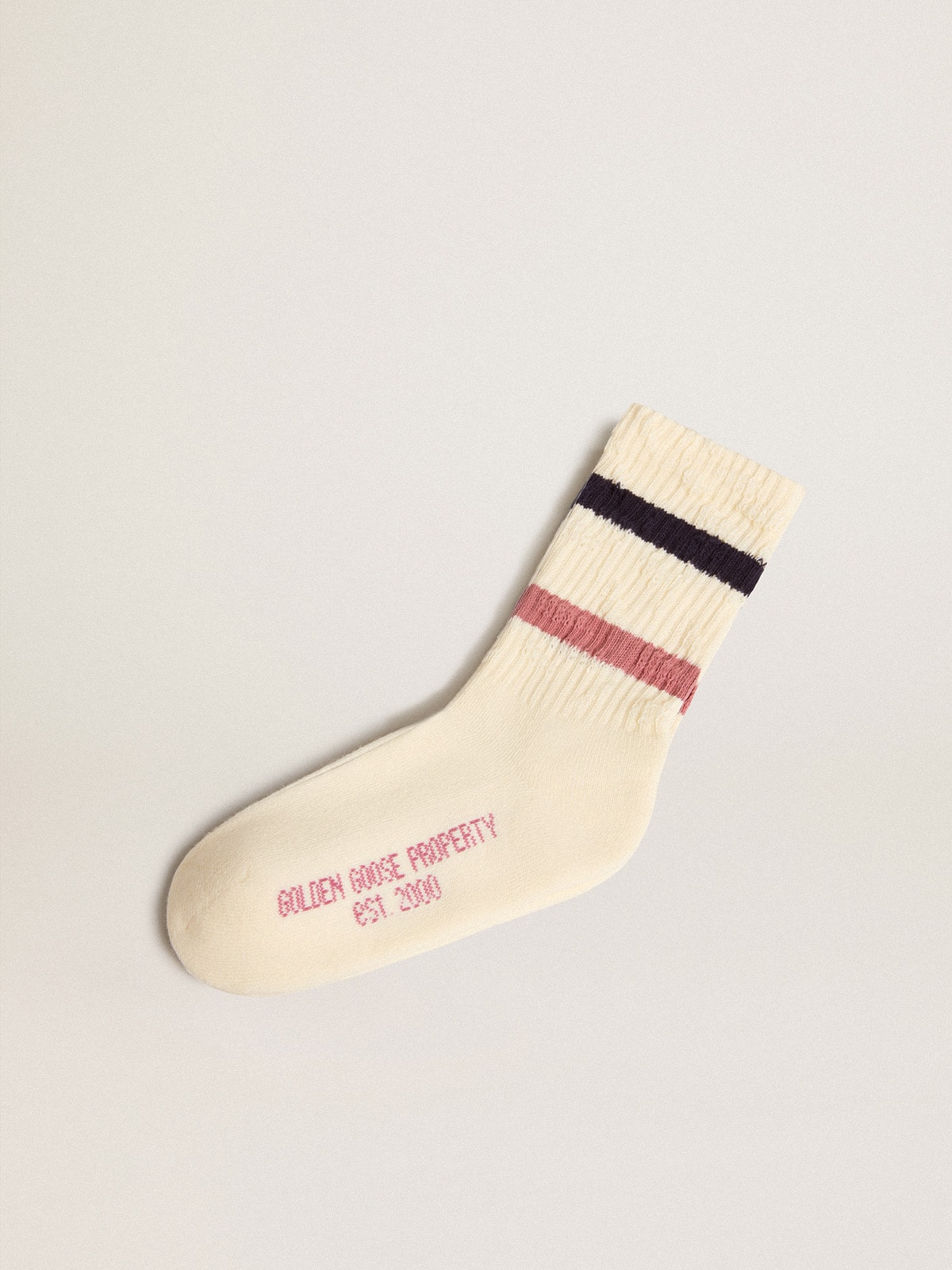 Golden Goose - Worn white Kids socks with distressed details and two-tone lilac and blue stripes in 