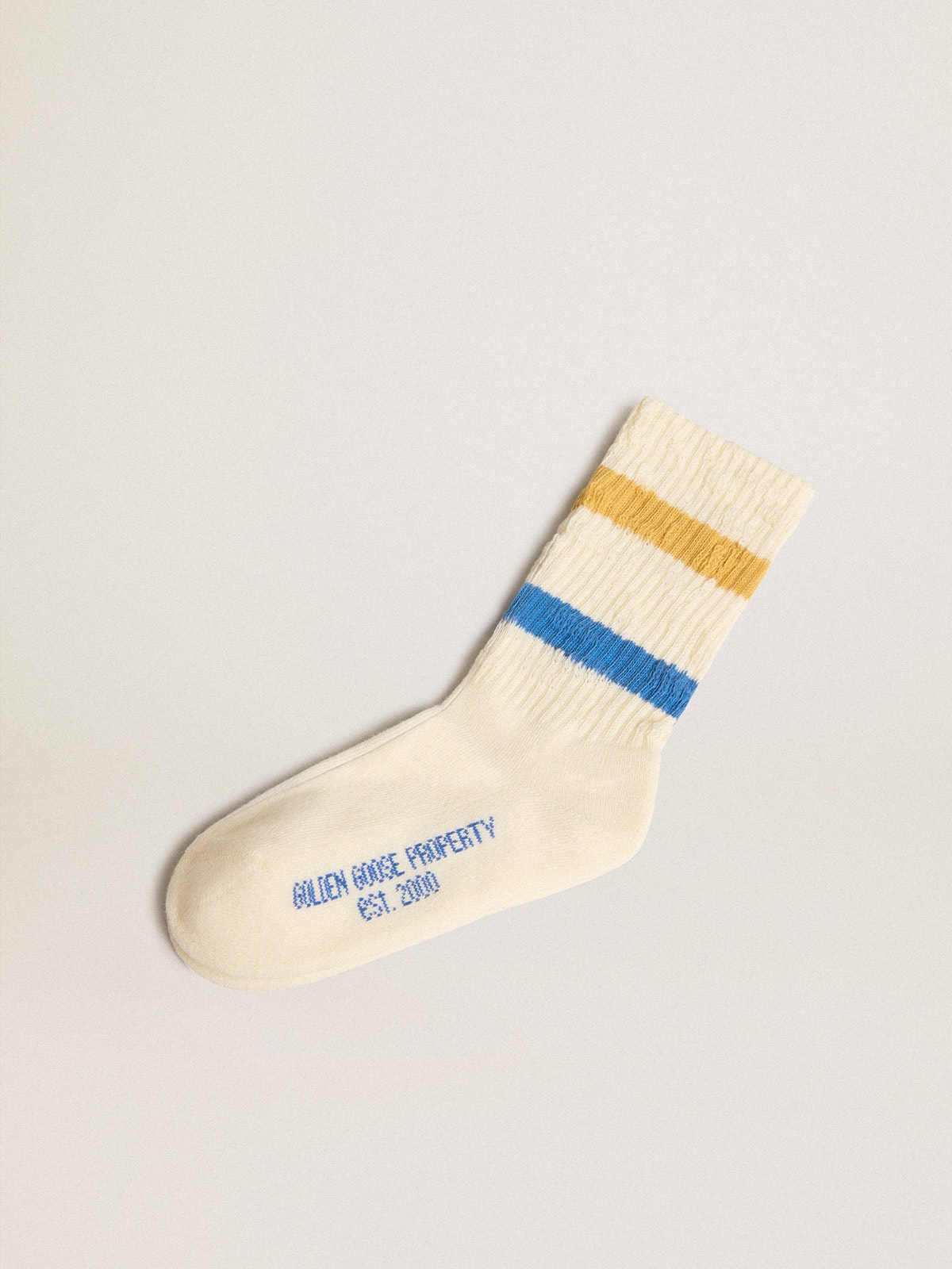 Golden Goose - Worn white Kids socks with distressed details and two-tone bright blue and mustard stripes in 