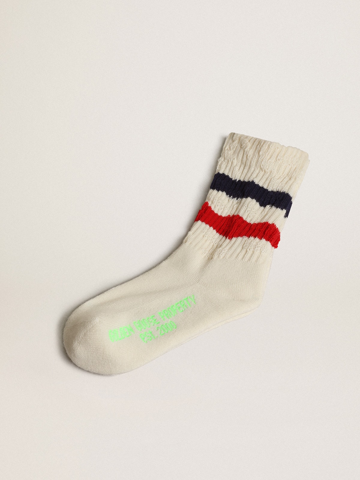 Golden Goose - Socks in distressed-finish white cotton with red and navy stripes in 