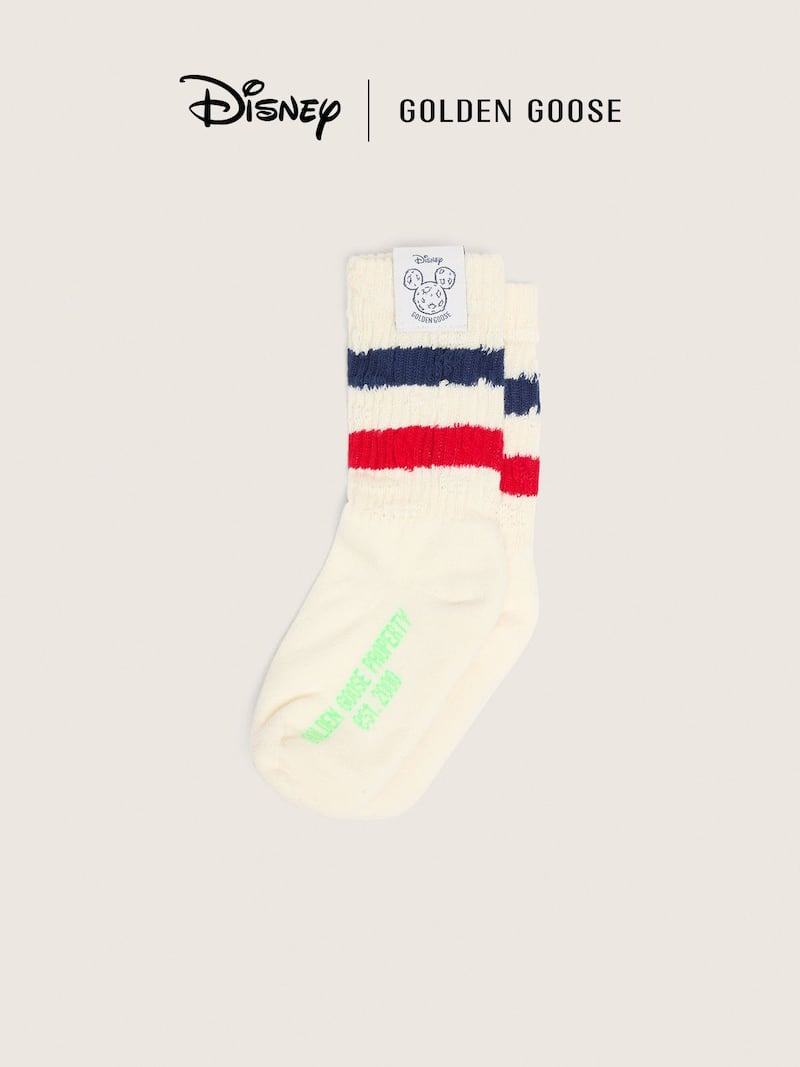 Golden Goose Disney | Golden Goose Calcetines infantiles blanco vintage con detalles desgastados, rayas bicolor y etiqueta con logotipos Parte de Abajo (4-12 a&ntilde;os) white kids