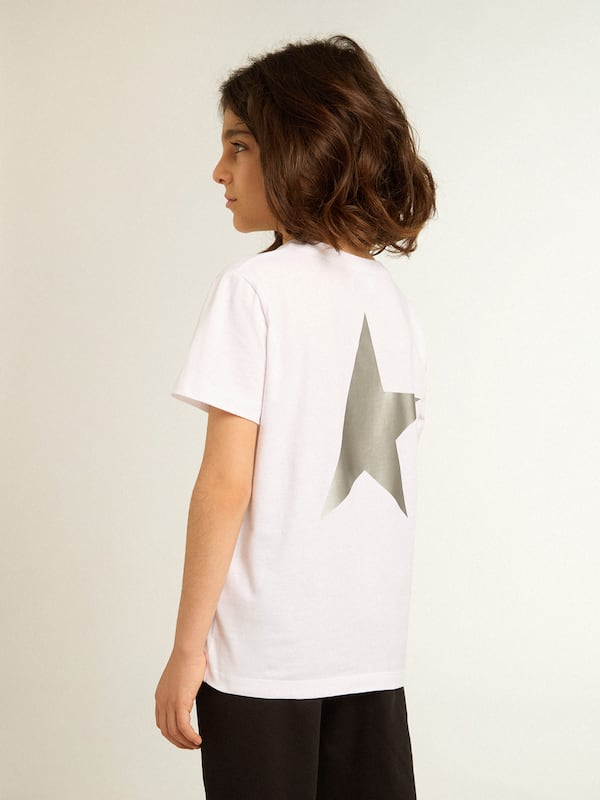 Golden Goose - T-shirt blanc pour garçon avec étoile et logo argentés contrastés in 