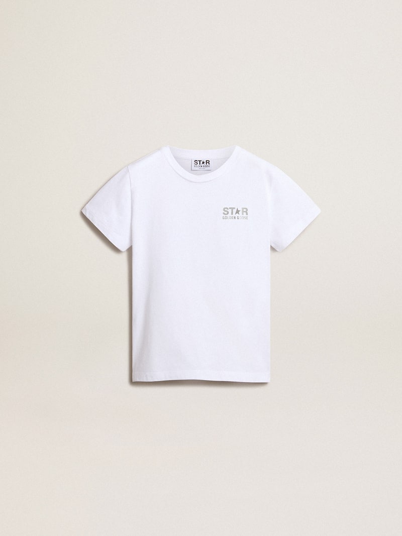 White T-shirt with contrasting silver logo on the front