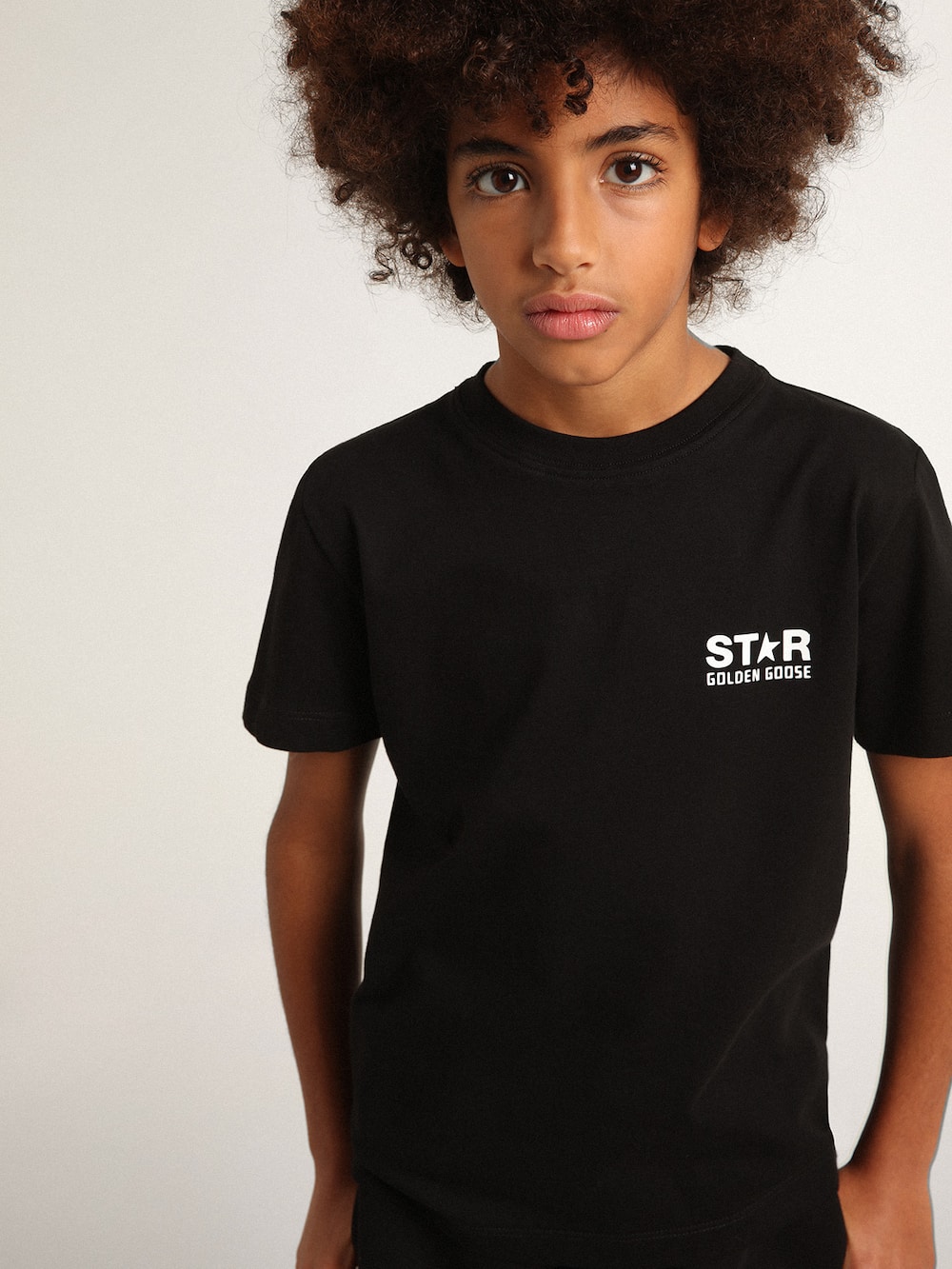 Golden Goose - Black T-shirt with contrasting white logo on the front and maxi star on the back in 