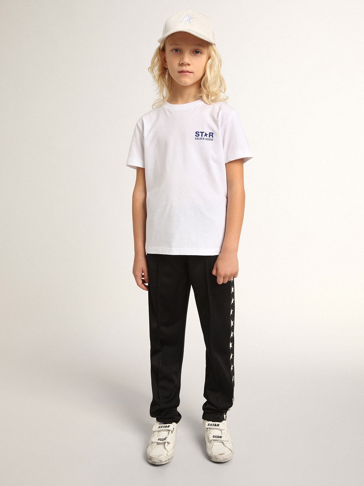 T shirt bianca da bambino con logo e stella blu scuro a contrasto Golden Goose