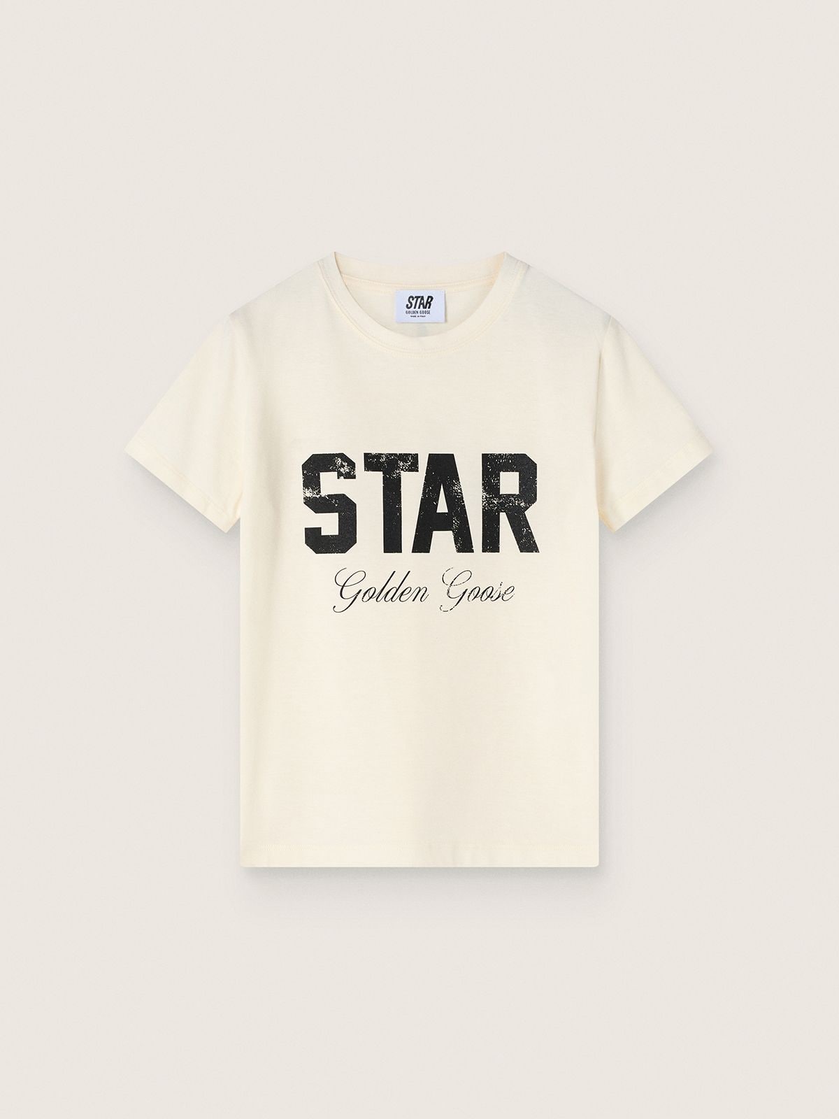 Boys' white cotton T-shirt with black print
