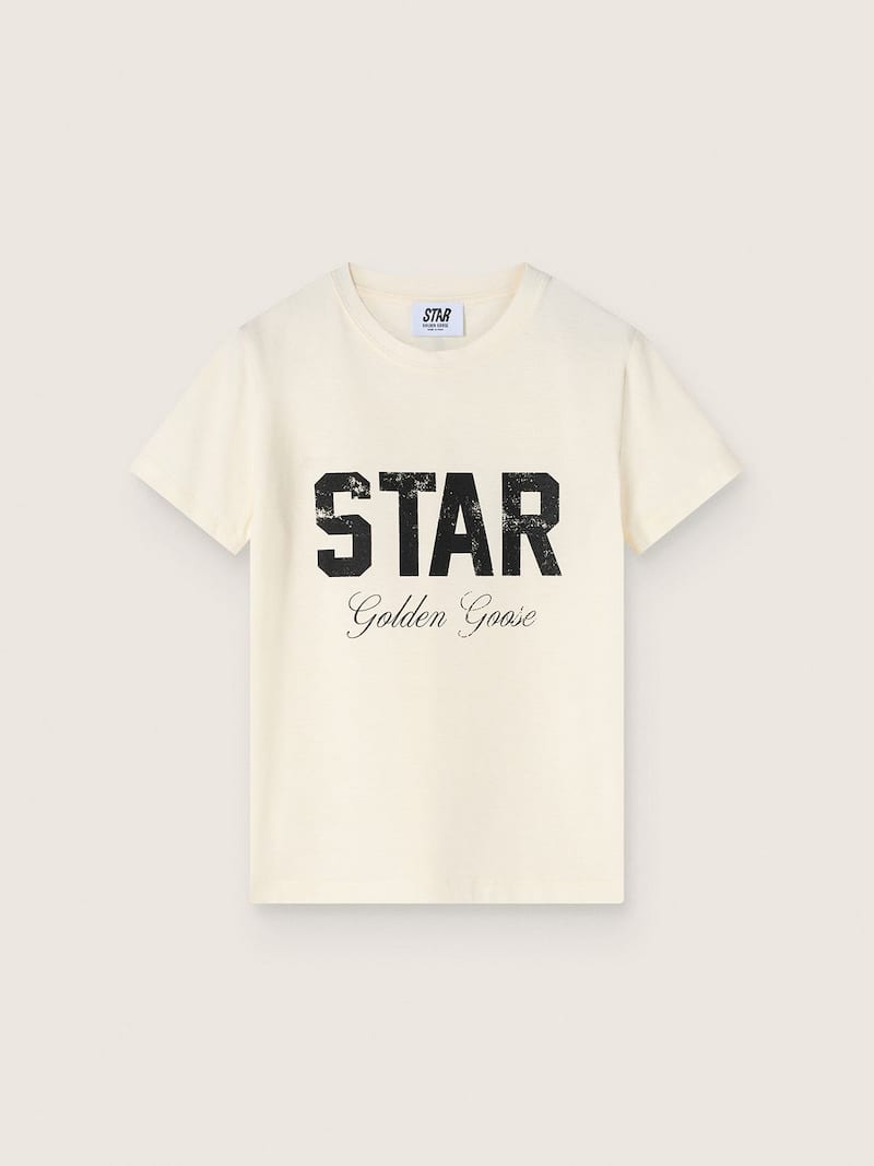 Boys' white cotton T-shirt with black print
