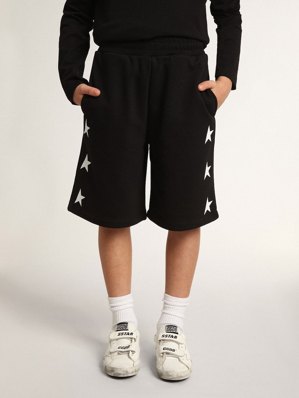 Golden Goose - Boys’ black Bermuda shorts with white stars  in 