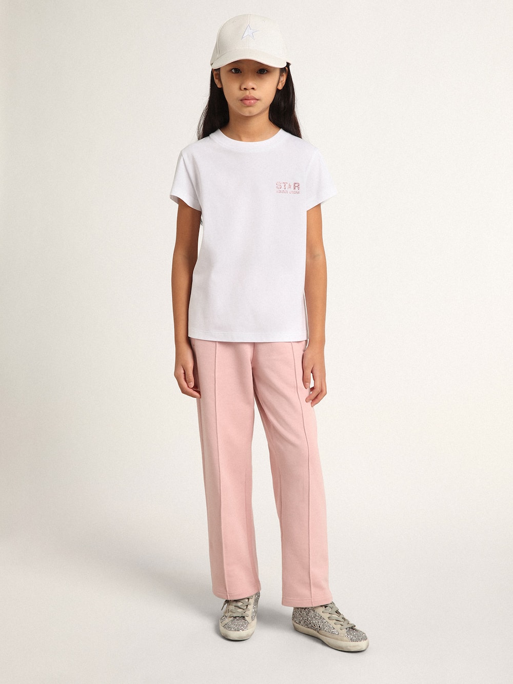 Golden Goose - Camiseta infantil feminina branca com logo e maxi estrela de glitter rosa in 