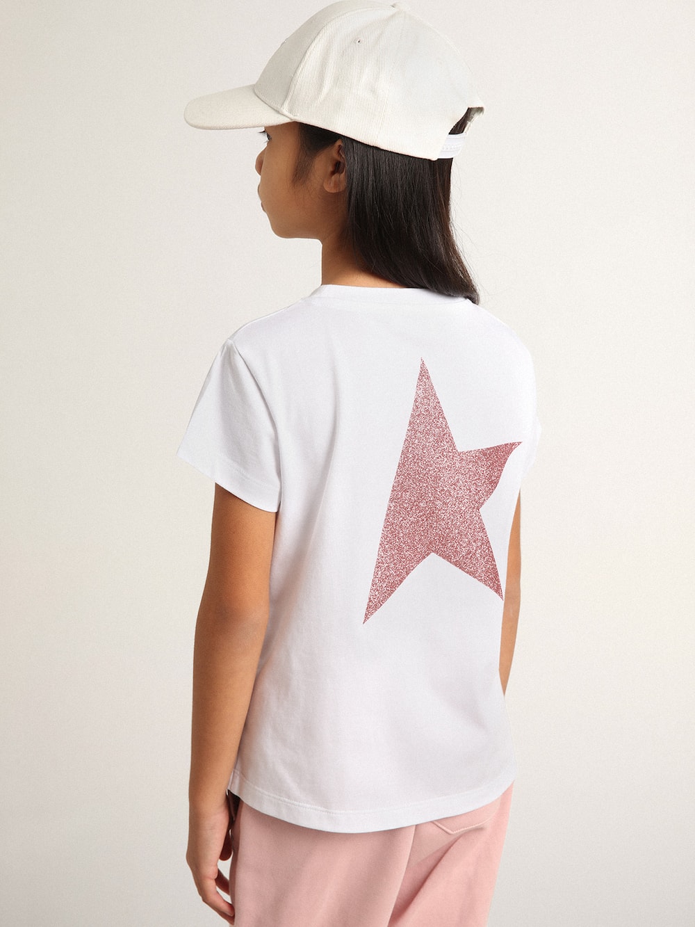 Golden Goose - T-shirt bianca da bambina con logo e maxi stella in glitter rosa in 
