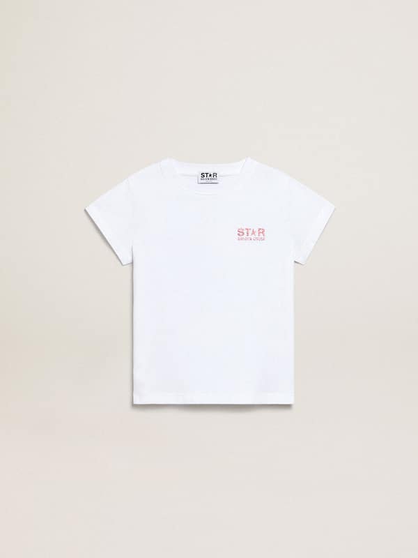 Golden Goose - Weißes Mädchen-T-Shirt mit Logo und Maxistern aus rosa Glitzer in 