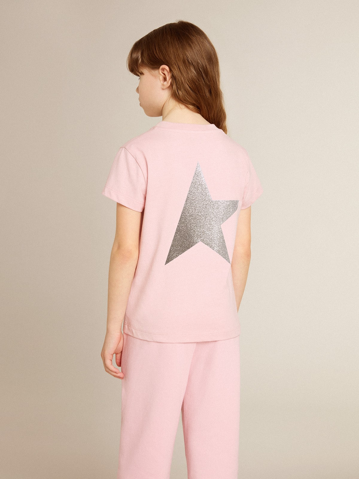 Golden Goose - Camiseta rosa de niña con logotipo y maxiestrella en purpurina plateada in 