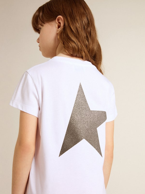Golden Goose - White and silver T-shirt with logo and maxi star in silver glitter in 
