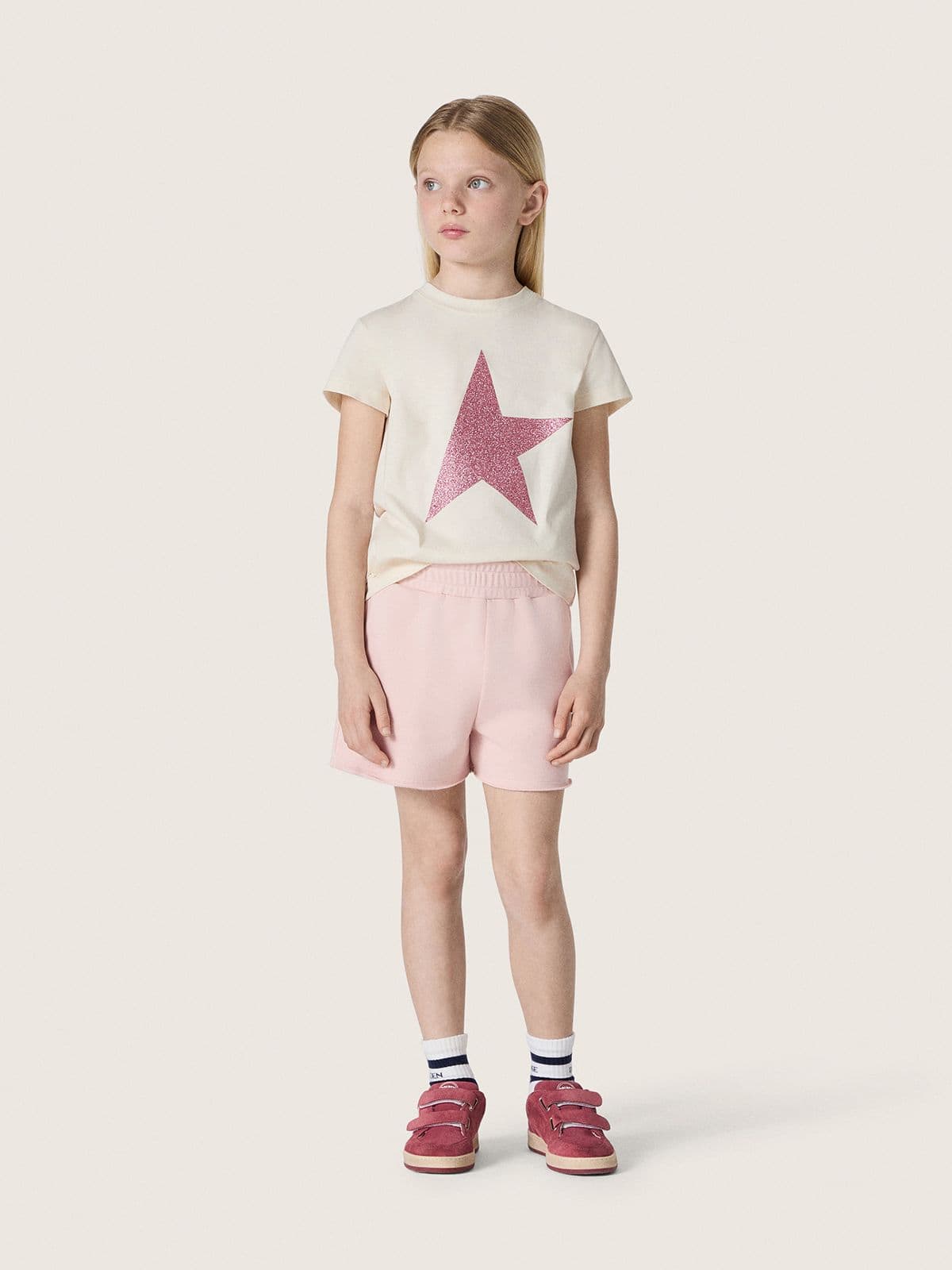 T-shirt da Bambina Star in jersey di cotone bianco con stella in glitter rosa