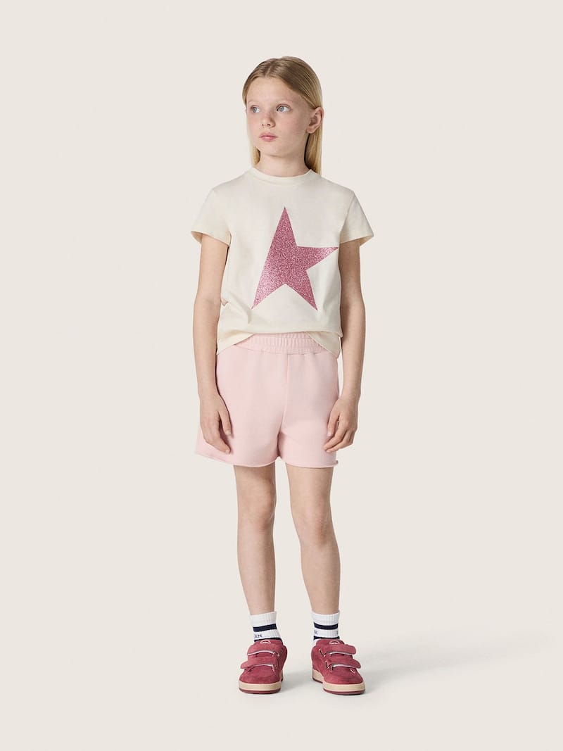 Golden Goose - Camiseta de ni&ntilde;a Star en tejido jersey de algod&oacute;n blanco con estrella con purpurina rosa in 