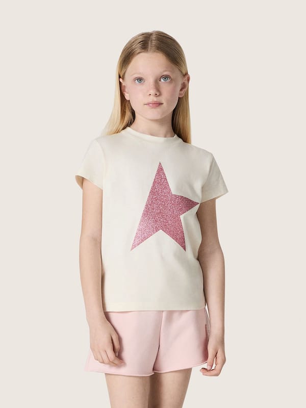 Golden Goose - Star girls&rsquo; T-shirt in white cotton jersey with pink glitter star in 