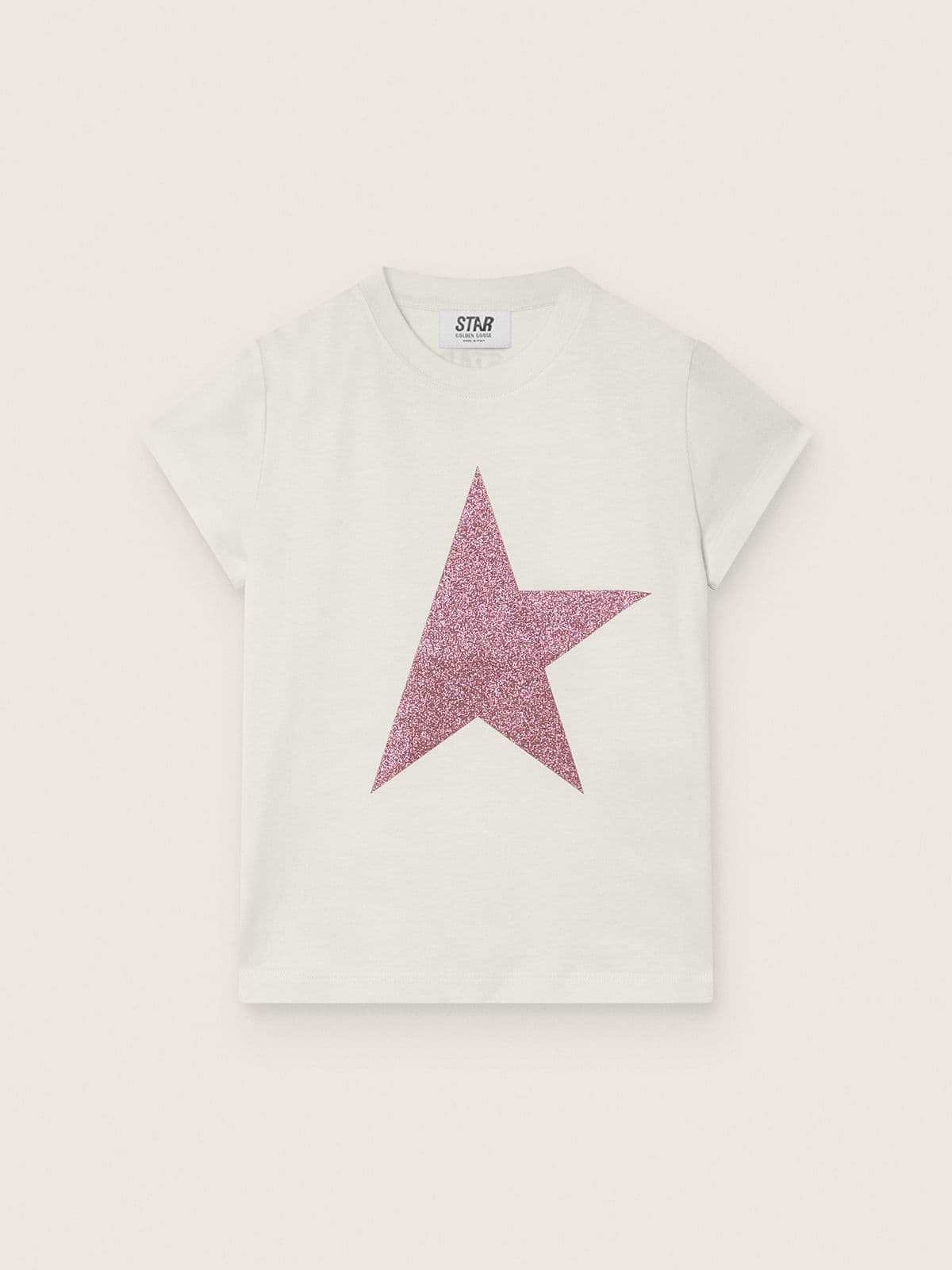 Golden Goose - Star girls&rsquo; T-shirt in white cotton jersey with pink glitter star in 