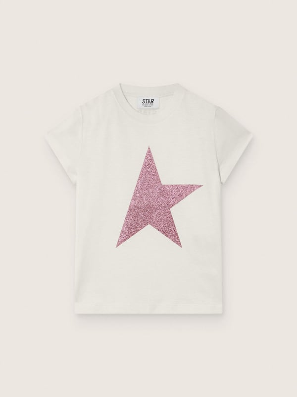 Golden Goose - Star girls&rsquo; T-shirt in white cotton jersey with pink glitter star in 