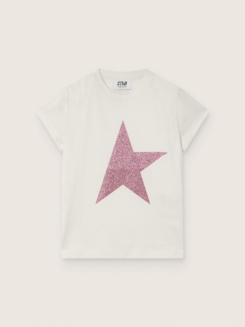T-shirt da Bambina Star in jersey di cotone bianco con stella in glitter rosa