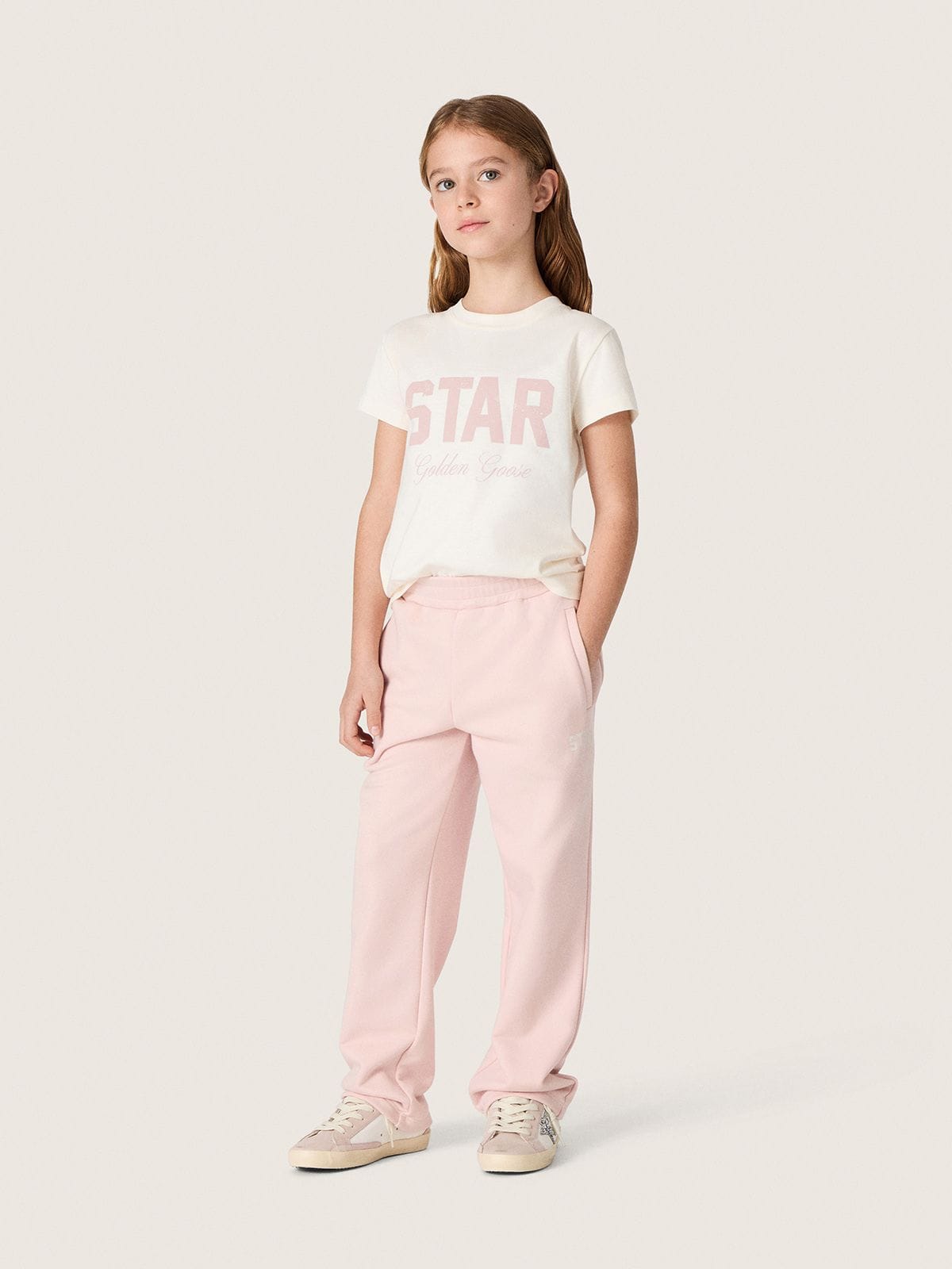 Golden Goose - T-shirt da bambina in cotone bianco con stampa rosa in 