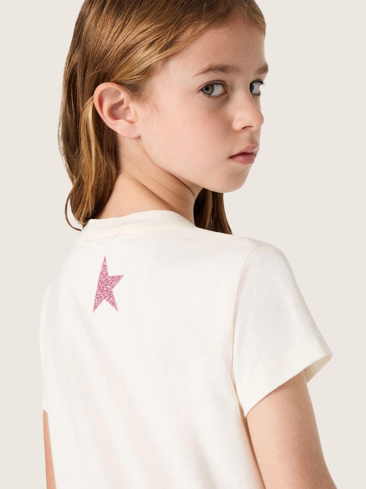 Golden Goose - T-shirt da bambina in cotone bianco con stampa rosa in 