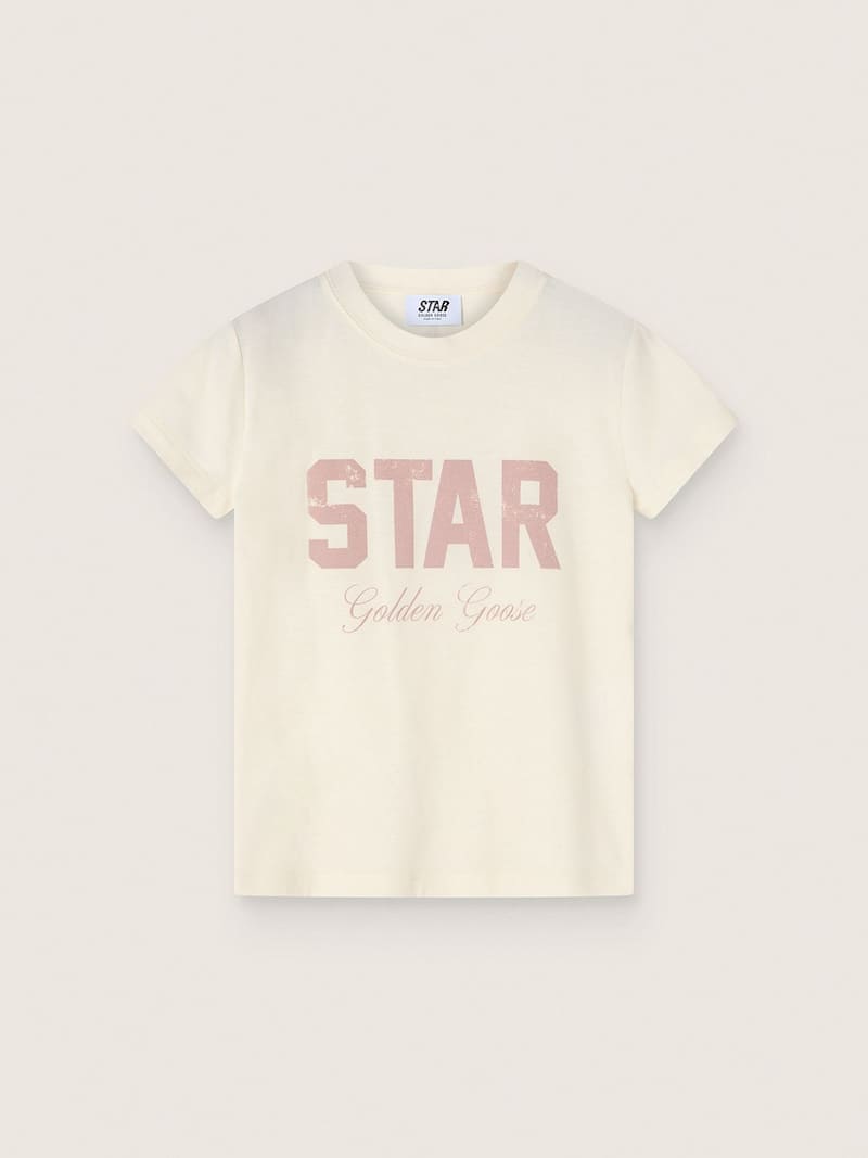Girls' white cotton T-shirt with pink print