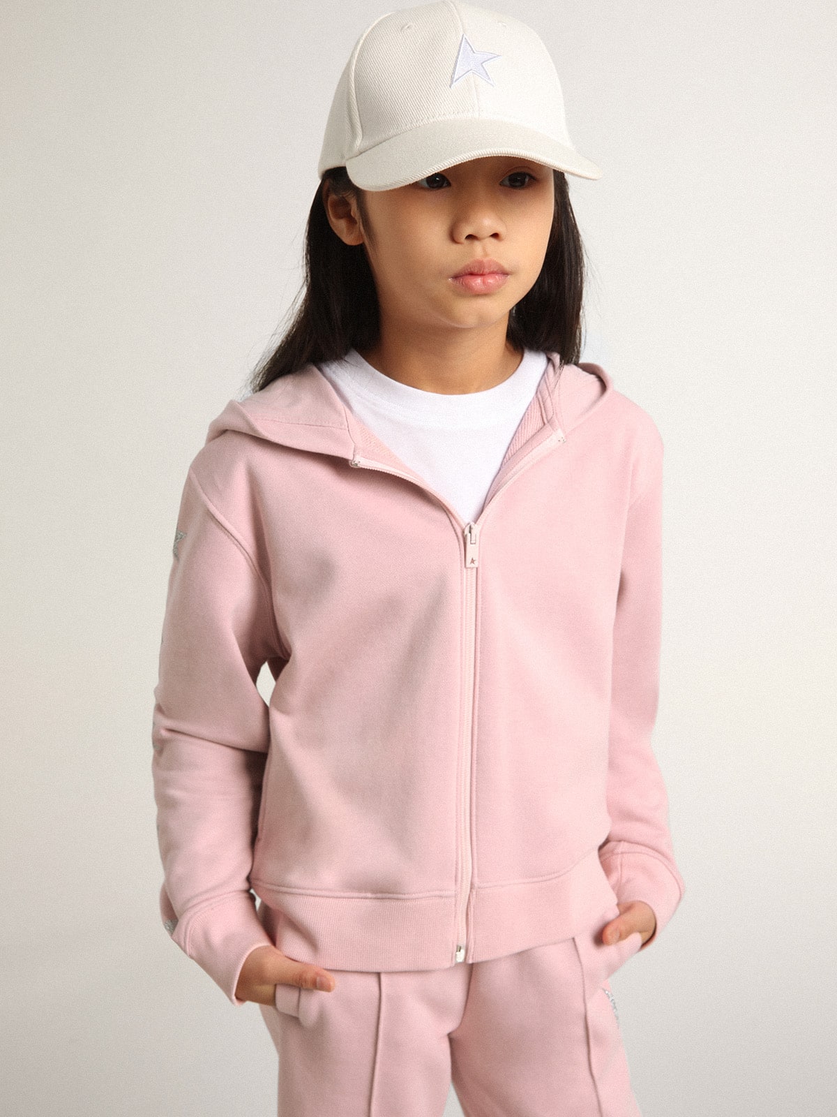 Golden Goose - Pink sweatshirt with hood and silver glitter stars in 