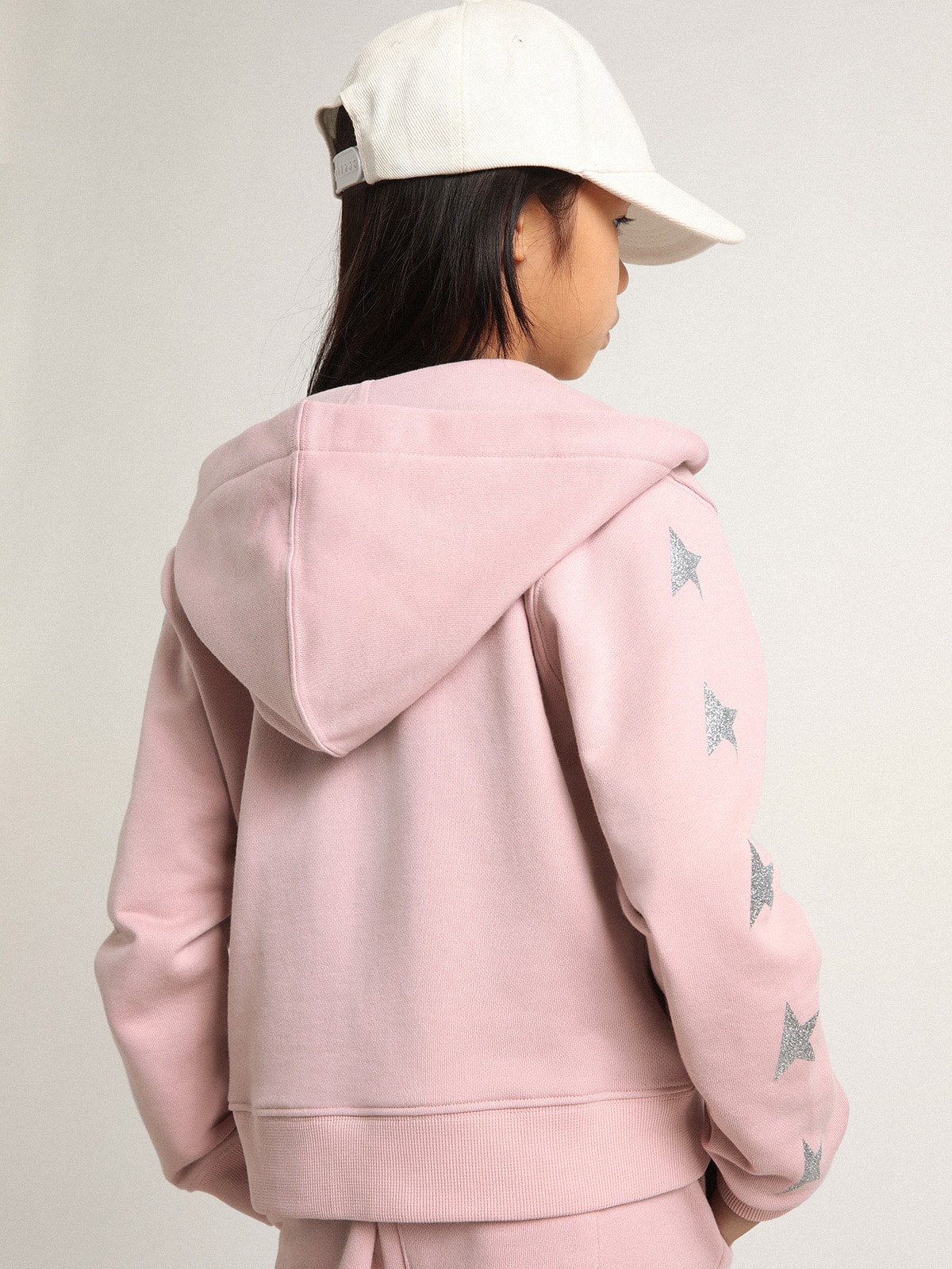 Golden Goose - Sudadera rosa con capucha y estrellas de purpurina plateadas in 