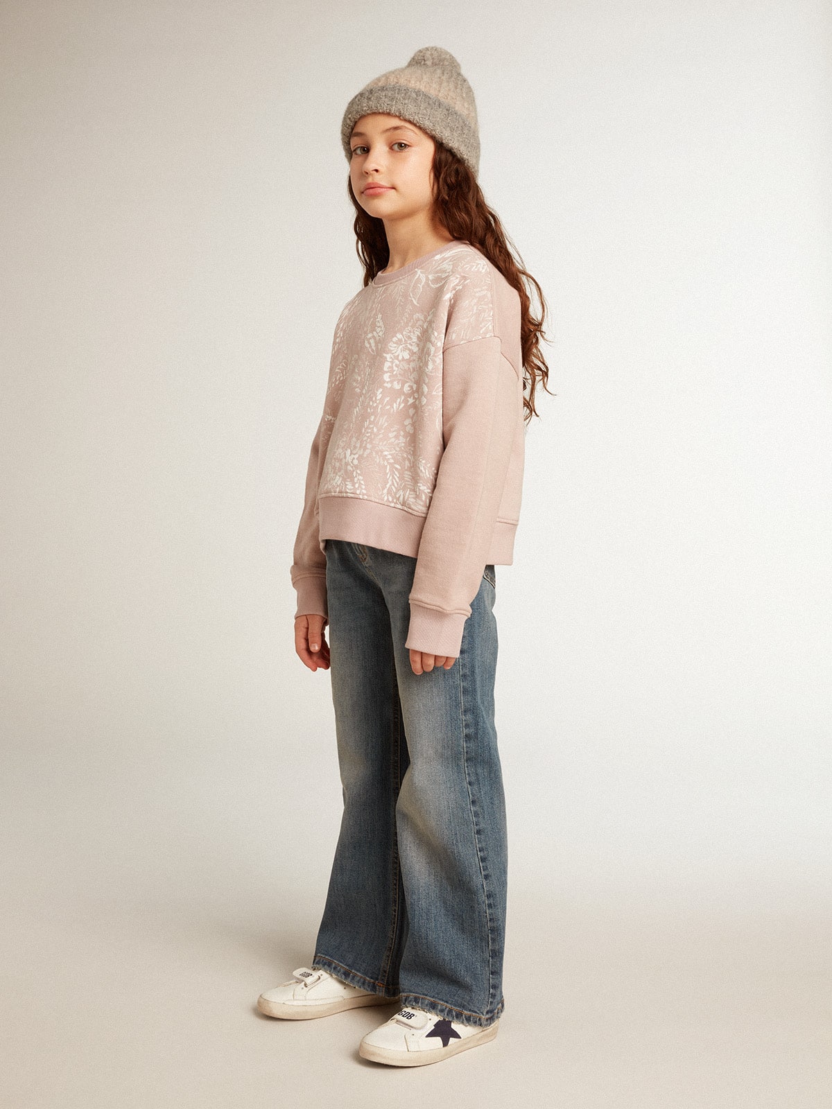 Golden Goose - Sweat-shirt cropped en coton rose avec imprimé toile de Jouy  in 