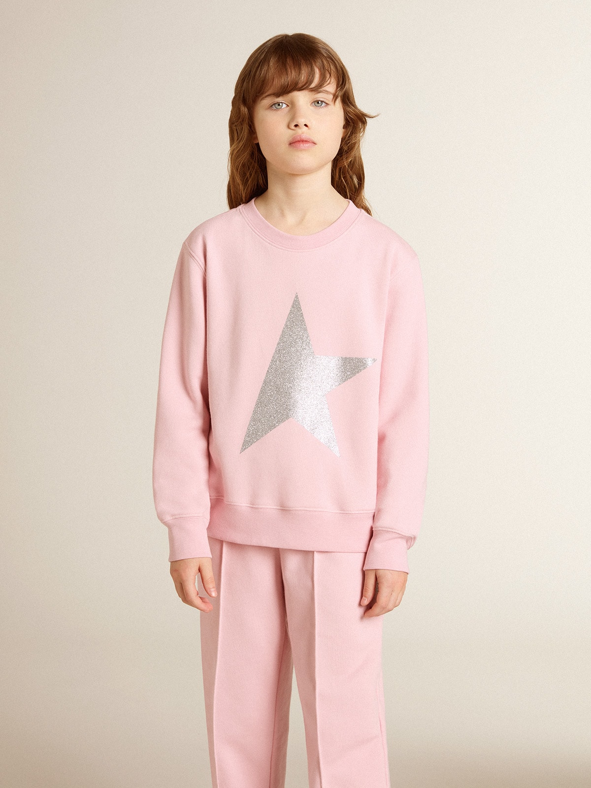 Golden Goose - Pink sweatshirt with maxi star in silver glitter on the front in 