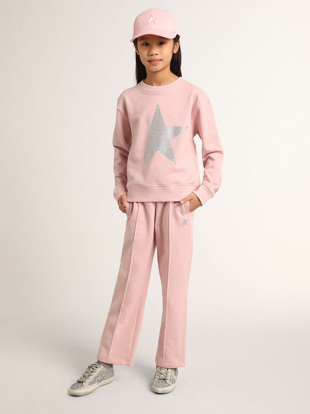 Golden Goose - Pink sweatshirt with maxi star in silver glitter on the front in 